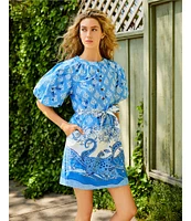 A Loves A Border Print Mandarin Collar Short Bubble Sleeve Button Front Tie At Waist Sheath Mini Dress