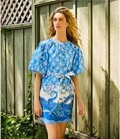 A Loves A Border Print Mandarin Collar Short Bubble Sleeve Button Front Tie At Waist Sheath Mini Dress
