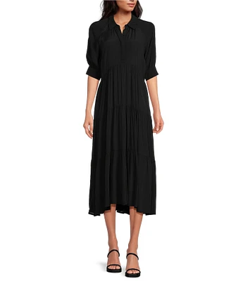 A Loves A Button Down Collar Short Balloon Cuff Sleeve Tiered Waistless Midi Shirt Dress