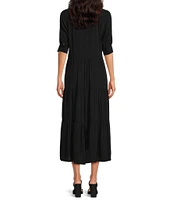 A Loves A Button Down Collar Short Balloon Cuff Sleeve Tiered Waistless Midi Shirt Dress