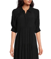 A Loves A Button Down Collar Short Balloon Cuff Sleeve Tiered Waistless Midi Shirt Dress