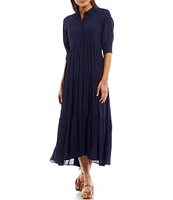 A Loves A Button Down Collar Short Balloon Cuff Sleeve Tiered Waistless Midi Shirt Dress
