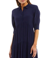 A Loves A Button Down Collar Short Balloon Cuff Sleeve Tiered Waistless Midi Shirt Dress