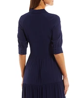 A Loves A Button Down Collar Short Balloon Cuff Sleeve Tiered Waistless Midi Shirt Dress