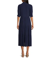 A Loves A Button Down Collar Short Balloon Cuff Sleeve Tiered Waistless Midi Shirt Dress