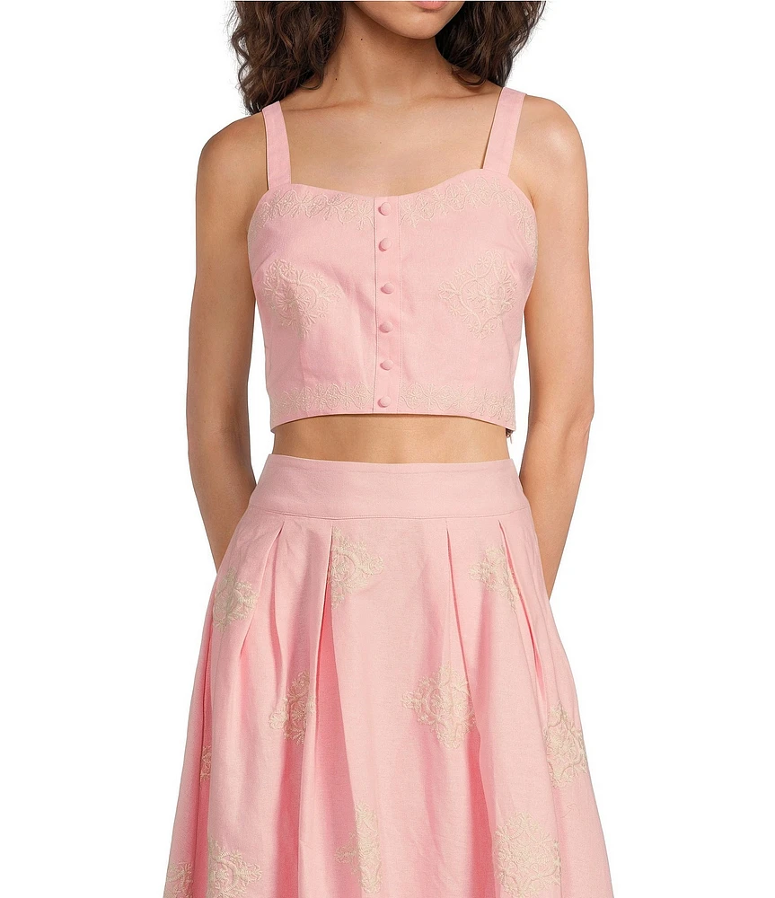 A Loves A Woven Embroidered Sleeveless Tank Strap Sweetheart Neckline Cropped Coordinating Bralette Top