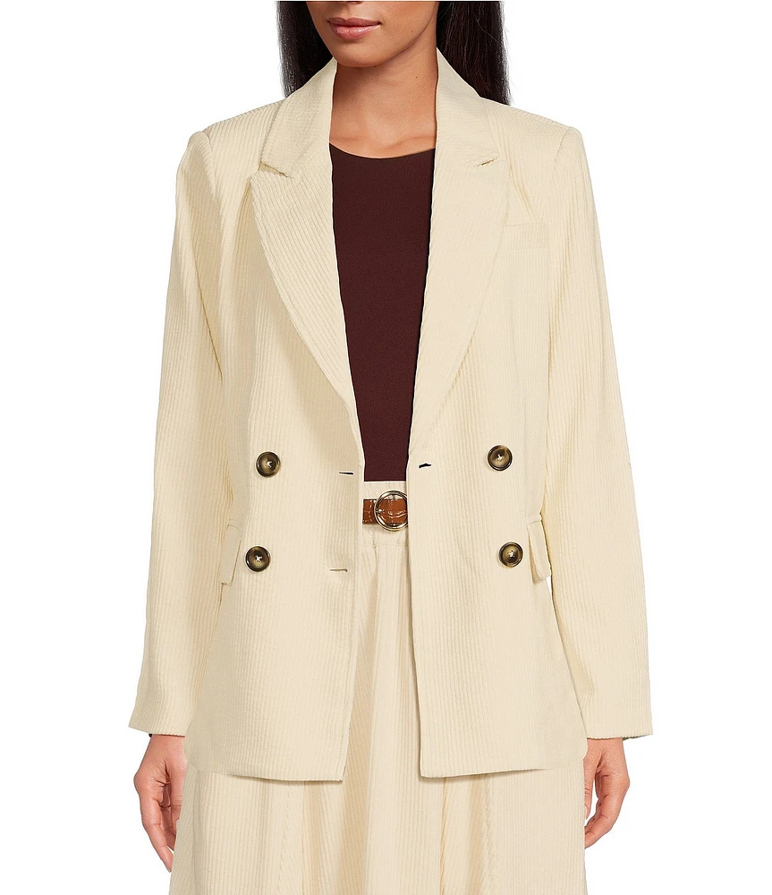 A Loves A Corduroy Notch Lapel Double Breasted Long Sleeve Button Front Blazer