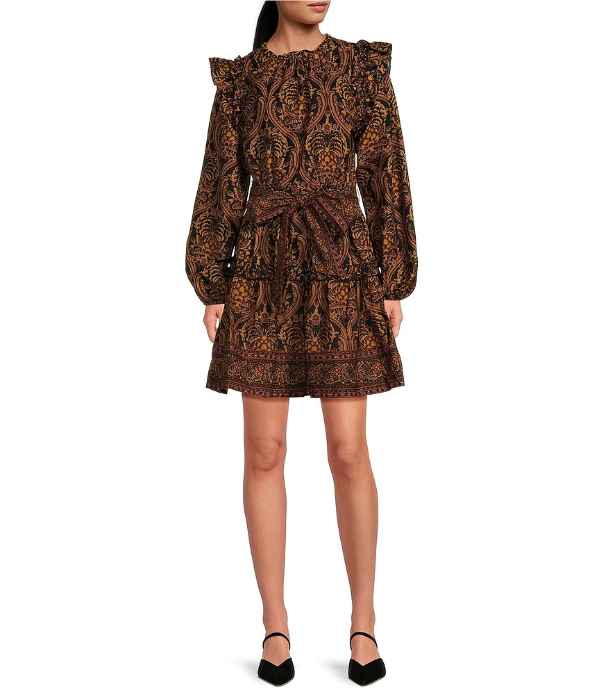 A Loves A Damask Print Voile Ruffle Scoop Neck Long Blouson Sleeve Self-Tie Waist Tiered Shift Above the Knee Dress