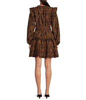 A Loves A Damask Print Voile Ruffle Scoop Neck Long Blouson Sleeve Self-Tie Waist Tiered Shift Above the Knee Dress