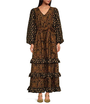 A Loves A Damask Print Voile V-Neck Long Bubble Sleeve Tie at Waist Tiered Ruffle A-Line Maxi Dress