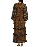 A Loves A Damask Print Voile V-Neck Long Bubble Sleeve Tie at Waist Tiered Ruffle A-Line Maxi Dress