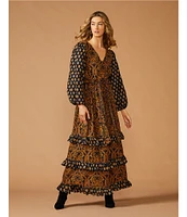 A Loves A Damask Print Voile V-Neck Long Bubble Sleeve Tie at Waist Tiered Ruffle A-Line Maxi Dress