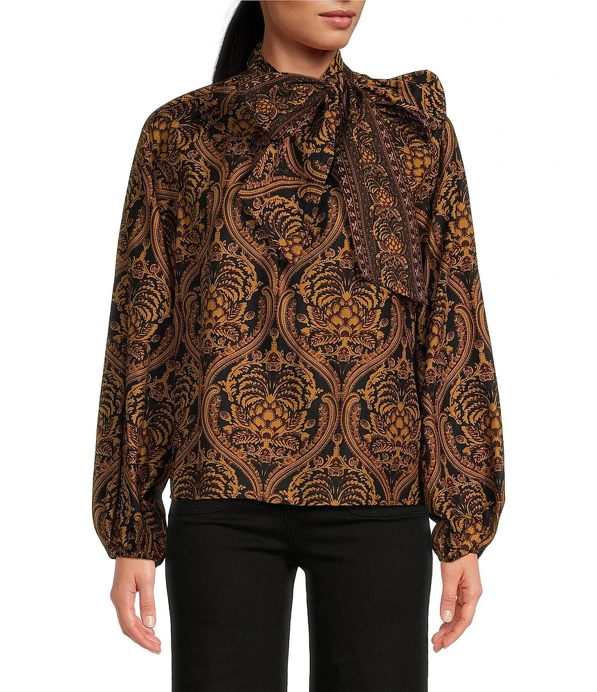 A Loves A Damask Print Woven Mock Bow Tie Neck Long Blouson Sleeve Coordinating Blouse