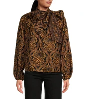 A Loves A Damask Print Woven Mock Bow Tie Neck Long Blouson Sleeve Coordinating Blouse