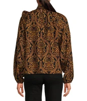 A Loves A Damask Print Woven Mock Bow Tie Neck Long Blouson Sleeve Coordinating Blouse