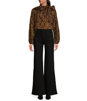 A Loves A Damask Print Woven Mock Bow Tie Neck Long Blouson Sleeve Coordinating Blouse