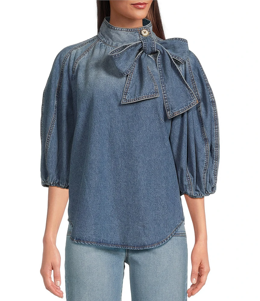 A Loves A Denim 3/4 Puffed Sleeve Pleated Shoulder Tie Neck Denim Top