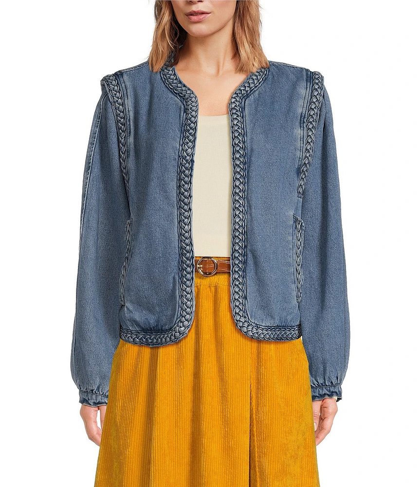 A Loves A Denim Braided Crew Neck Open Front Long Sleeve Jacket