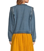 A Loves A Denim Braided Crew Neck Open Front Long Sleeve Jacket