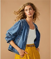 A Loves A Denim Braided Crew Neck Open Front Long Sleeve Jacket