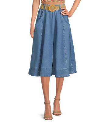 A Loves A Denim High Elastic Waist Belted A-Line Midi Skirt