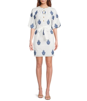 A Loves A Embroidered Paisley Mandarin Collar Short Bubble Sleeve Button Front Tie Waist Sheath Dress