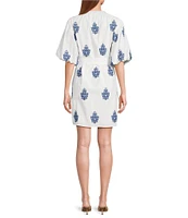 A Loves A Embroidered Paisley Mandarin Collar Short Bubble Sleeve Button Front Tie Waist Sheath Dress