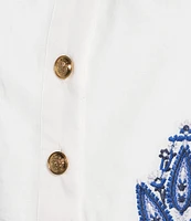 A Loves A Embroidered Paisley Mandarin Collar Short Bubble Sleeve Button Front Tie Waist Sheath Dress