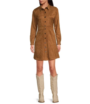 A Loves A Faux Suede Button Front Long Sleeve Mini Shirt Dress