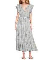 A Loves A Floral Metallic Paisley Print Surplice V-Neck Short Ruffled Sleeve Tiered Maxi Dress