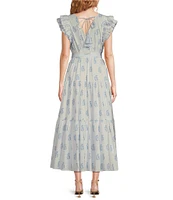 A Loves A Floral Metallic Paisley Print Surplice V-Neck Short Ruffled Sleeve Tiered Maxi Dress