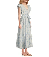 A Loves A Floral Metallic Paisley Print Surplice V-Neck Short Ruffled Sleeve Tiered Maxi Dress