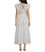 A Loves A Floral Metallic Paisley Print Surplice V-Neck Short Ruffled Sleeve Tiered Maxi Dress