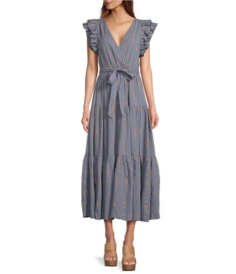 A Loves A Floral Metallic Striped Print Surplice V-Neck Short Ruffled Sleeve Tiered Maxi Dress