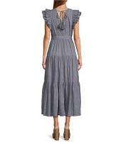 A Loves A Floral Metallic Striped Print Surplice V-Neck Short Ruffled Sleeve Tiered Maxi Dress