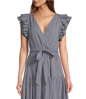 A Loves A Floral Metallic Striped Print Surplice V-Neck Short Ruffled Sleeve Tiered Maxi Dress