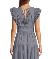 A Loves A Floral Metallic Striped Print Surplice V-Neck Short Ruffled Sleeve Tiered Maxi Dress