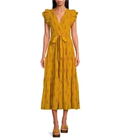 A Loves A Floral Metallic Striped Print Surplice V-Neck Short Ruffled Sleeve Tiered Maxi Dress