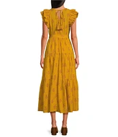 A Loves A Floral Metallic Striped Print Surplice V-Neck Short Ruffled Sleeve Tiered Maxi Dress