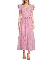 A Loves A Floral Metallic Striped Print Surplice V-Neck Short Ruffled Sleeve Tiered Maxi Dress