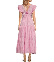 A Loves A Floral Metallic Striped Print Surplice V-Neck Short Ruffled Sleeve Tiered Maxi Dress