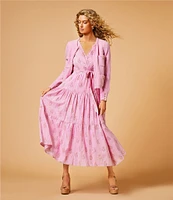 A Loves A Floral Metallic Striped Print Surplice V-Neck Short Ruffled Sleeve Tiered Maxi Dress