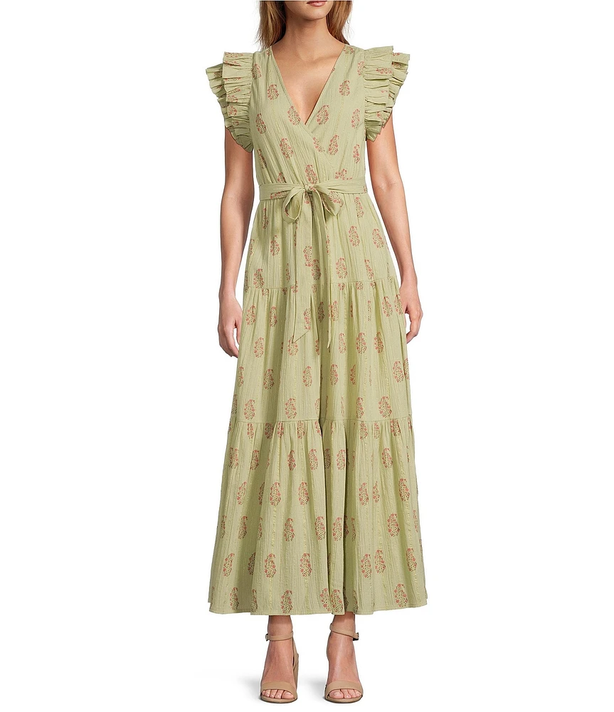 A Loves A Floral Metallic Striped Print Surplice V-Neck Short Ruffled Sleeve Tiered Maxi Dress