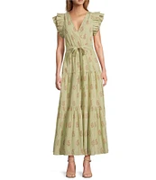 A Loves A Floral Metallic Striped Print Surplice V-Neck Short Ruffled Sleeve Tiered Maxi Dress