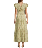 A Loves A Floral Metallic Striped Print Surplice V-Neck Short Ruffled Sleeve Tiered Maxi Dress