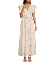 A Loves A Floral Metallic Striped Print Surplice V-Neck Short Ruffled Sleeve Tiered Maxi Dress