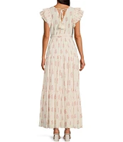 A Loves A Floral Metallic Striped Print Surplice V-Neck Short Ruffled Sleeve Tiered Maxi Dress