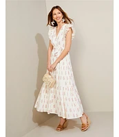 A Loves A Floral Metallic Striped Print Surplice V-Neck Short Ruffled Sleeve Tiered Maxi Dress