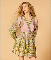 A Loves A Floral Print Surplice V-Neck Long Bubble Sleeve Wrap Above the Knee A-Line Dress