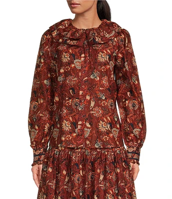 A Loves A Floral Print Woven Ruffled Platter Collar Long Balloon Sleeve Coordinating Button Front Blouse